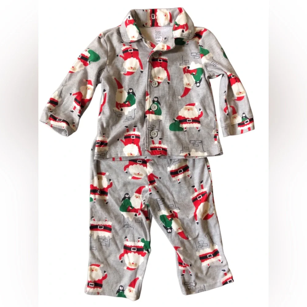 4/$20 Carters Just One You 2pc Santa Fleece Jammies Baby’s 1st Christmas Sz 12Mo
